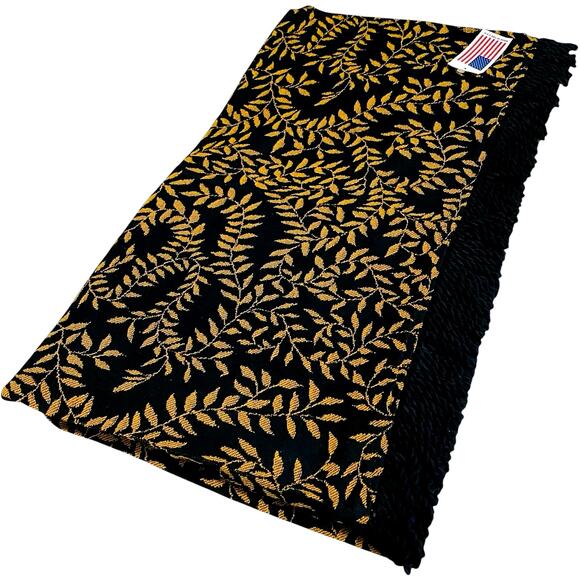 Made in USA Ivy Vine Woven Throw Blanket Tapestry Damask Black Gold 50x 60" NEW - Picture 6 of 9